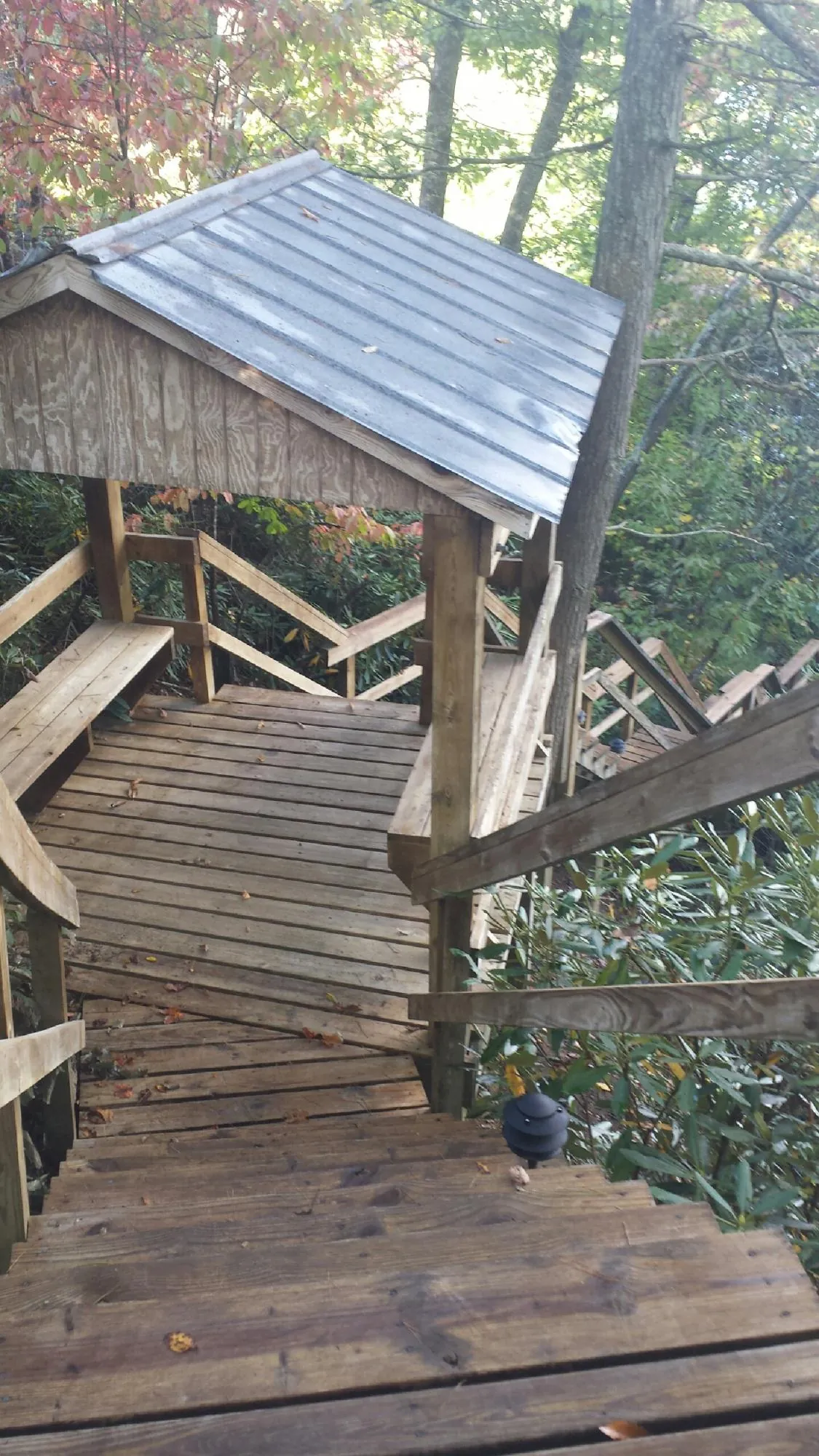 Metal roofed shelter over wooden steps on a wooded walkway — Skylight Repair & Installation work by our crew in Verdi